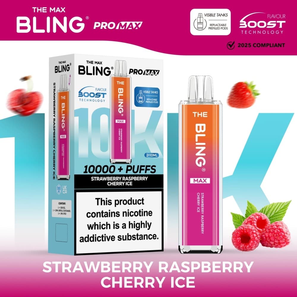  Strawberry Raspberry Cherry Ice The Crystal Bling Max 10k Vape Kit Box of 5