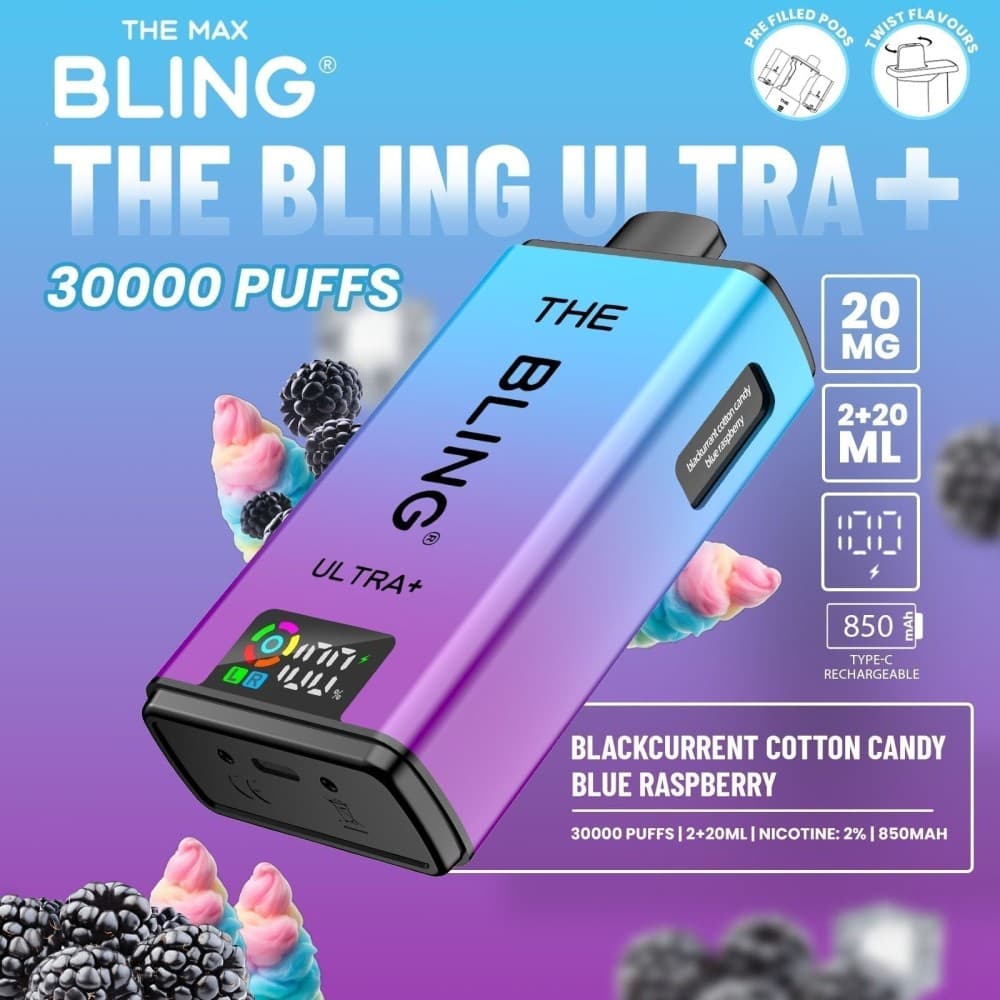  Blackcurrant Cotton Candy/Blue Raspberry The Bling Ultra Plus 30k Vape Kit Box of 5