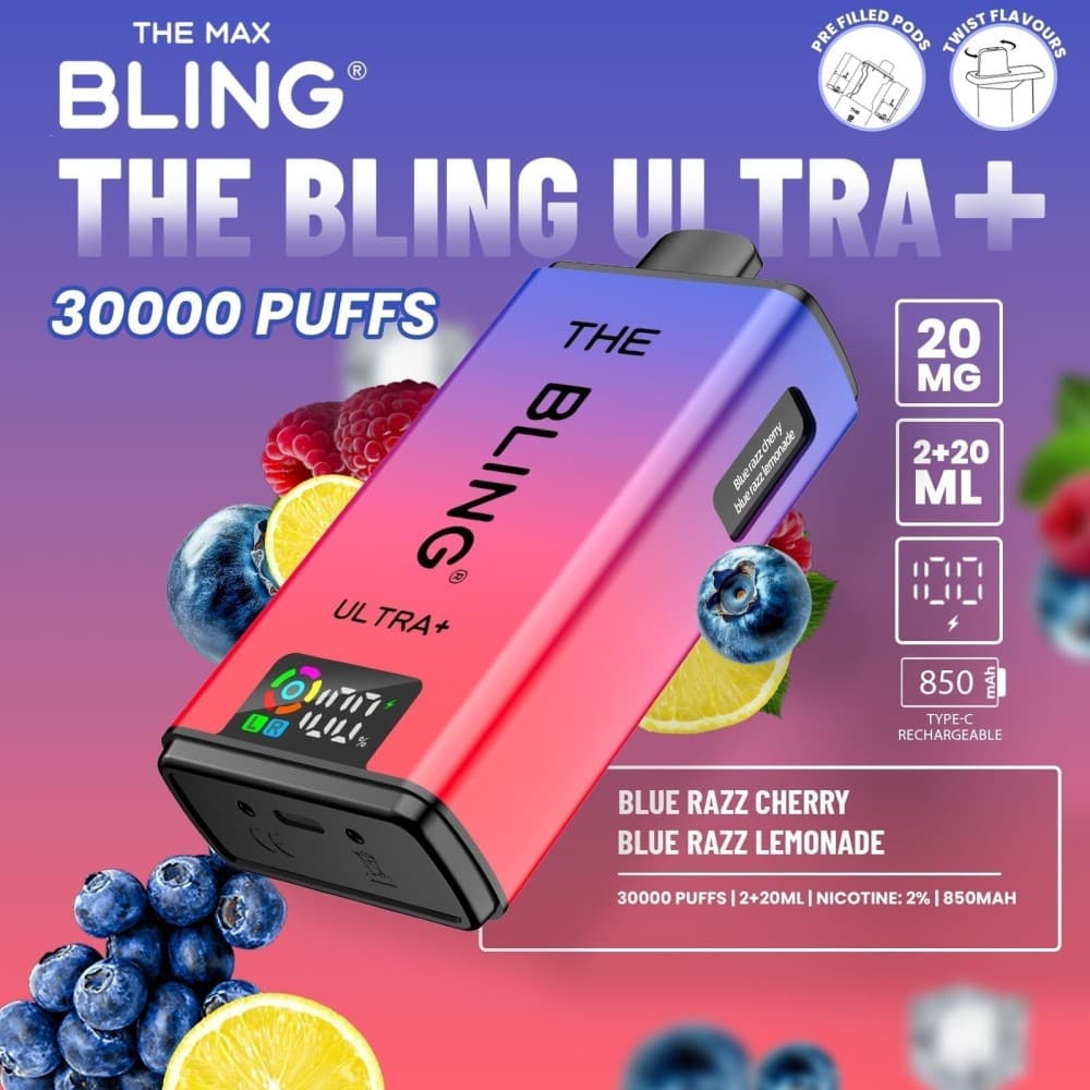  Blue Razz Cherry/Blue Razz Lemonade The Bling Ultra Plus 30k Vape Kit Box of 5