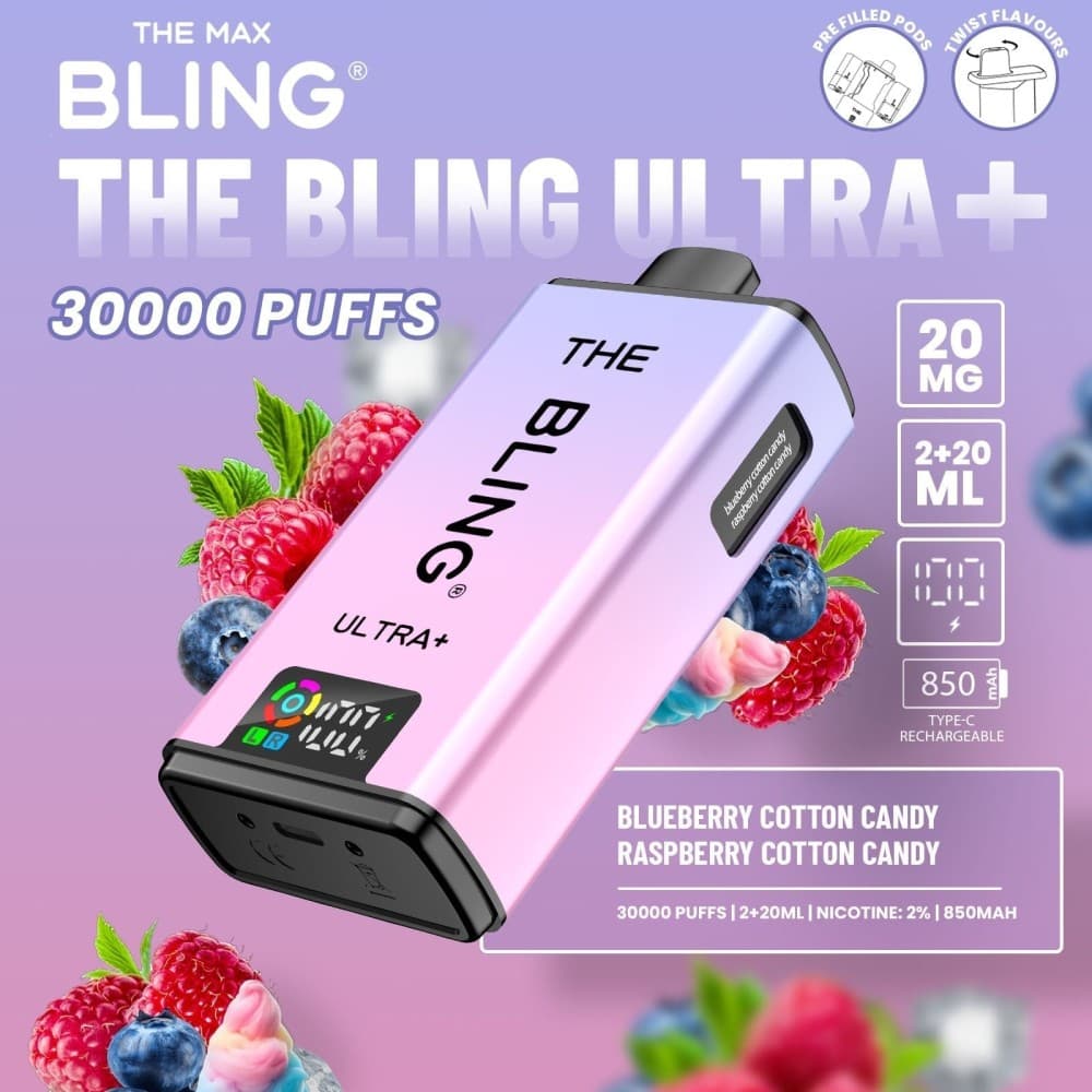  Blueberry Cotton Candy/Raspberry Cotton Candy The Bling Ultra Plus 30k Vape Kit Box of 5