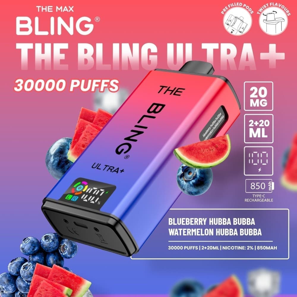  Blueberry Hubba Bubba/Watermelon Hubba Bubba The Bling Ultra Plus 30k Vape Kit Box of 5