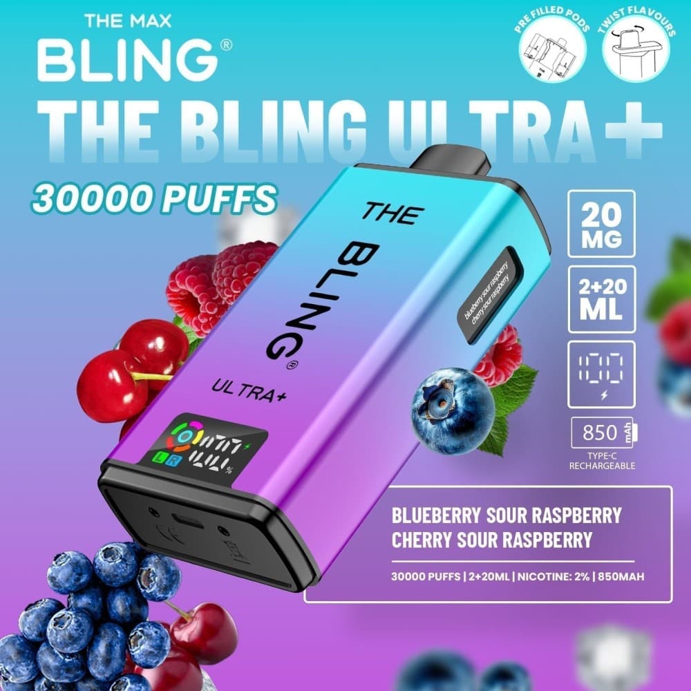  Blueberry Sour Raspberry/Cherry Sour Raspberry The Bling Ultra Plus 30k Vape Kit Box of 5