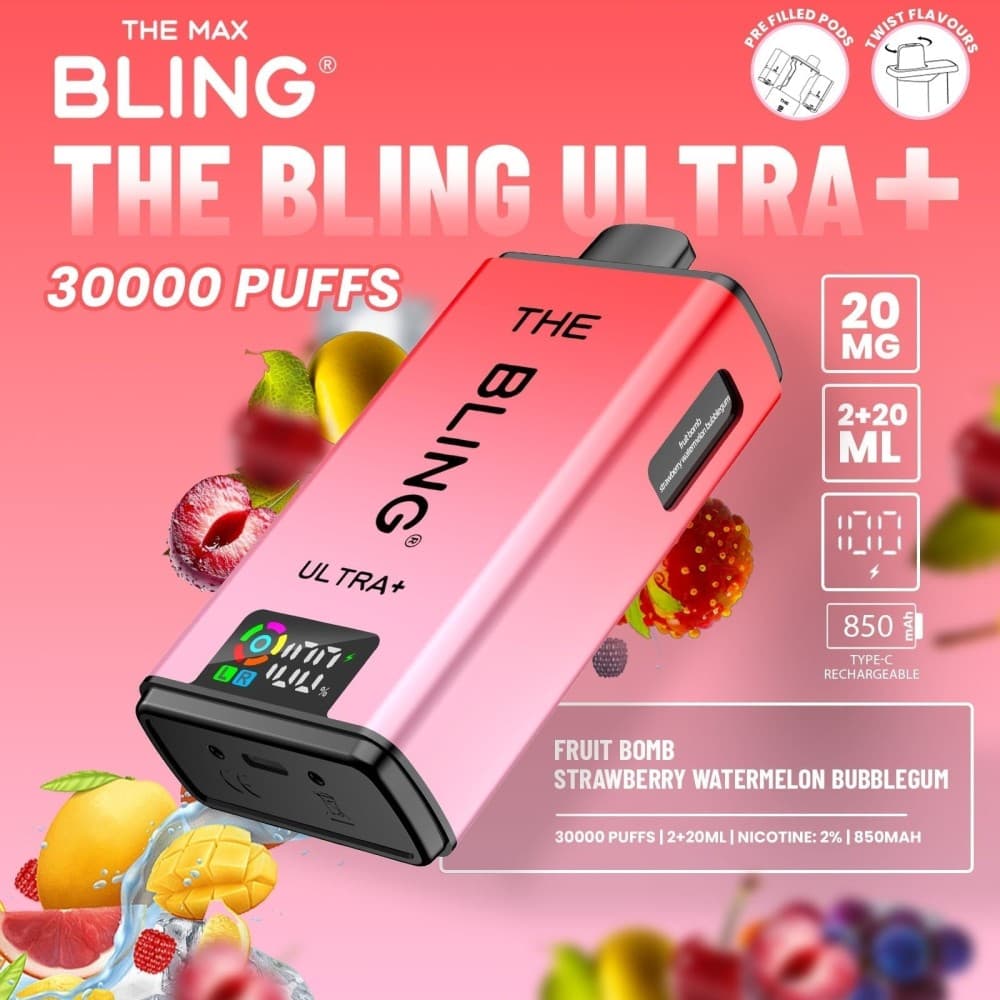  Fruit Bomb/Strawberry Watermelon Bubblegum The Bling Ultra Plus 30k Vape Kit Box of 5
