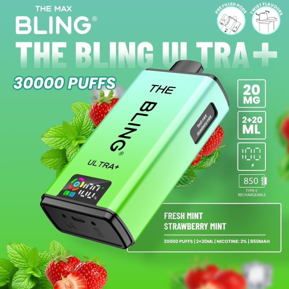  Fresh Mint/Strawberry Mint The Bling Ultra Plus 30k Vape Kit Box of 5