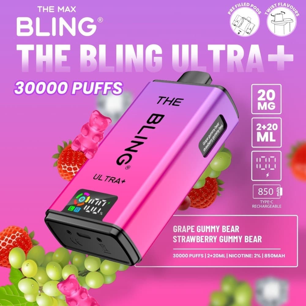  Grape Gummy Bear/Strawberry Gummy Bear The Bling Ultra Plus 30k Vape Kit Box of 5