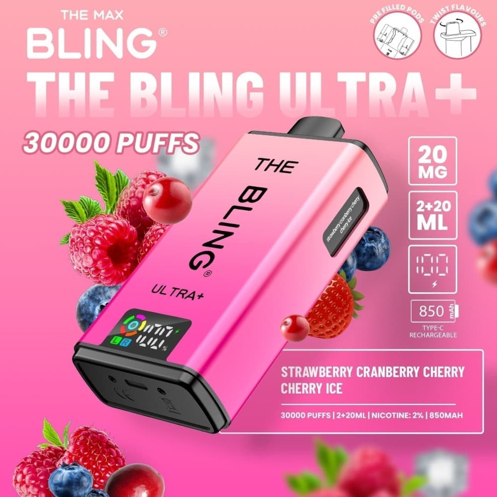  Strawberry Cranberry Cherry/Cherry Ice The Bling Ultra Plus 30k Vape Kit Box of 5